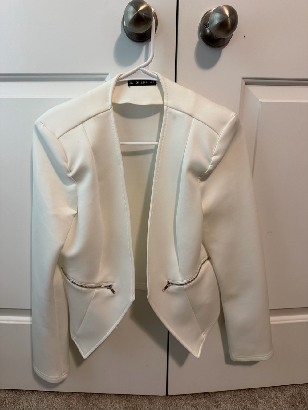 SHEIN White Open-Front Tailored Blazer with Zipper Pockets
